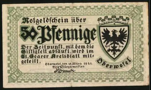 Notgeld Oberwesel am Rhein 1921, 50 Pfennig, Ortsansicht am Fluss