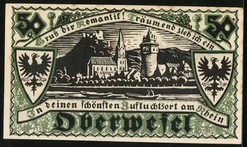 Notgeld Oberwesel am Rhein 1921, 50 Pfennig, Ortsansicht am Wasser