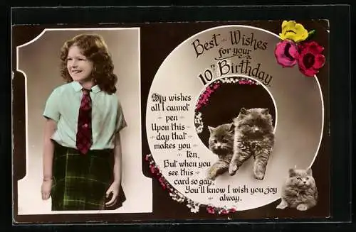 AK Junges Mädchen erfreut am Geburtstag, Katzenjunge