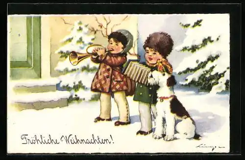 AK Kinder und Hund musizieren an Weihnachten mit Trompete und Ziehharmonika