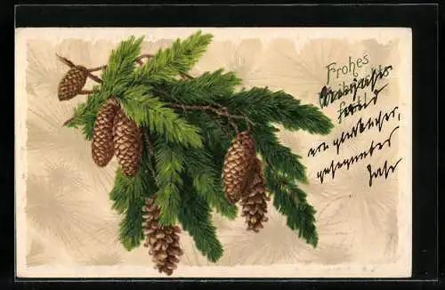 AK Tannenzweige und Zapfen als Symbol für Weihnachten