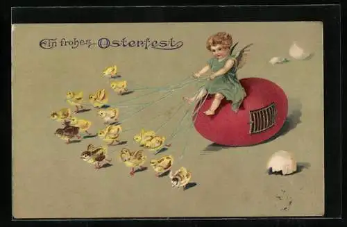 AK Osterengel reitet auf einem bunten Ei gezogen von Küken