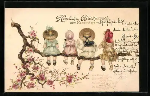 AK Namenstag, Mädchen auf Kirschbaumast