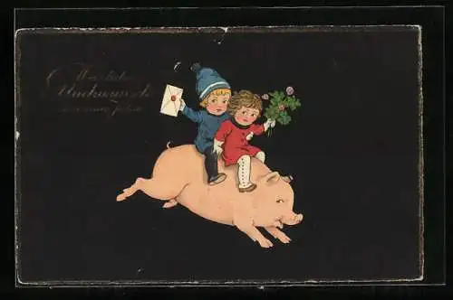 AK Kinder reiten mit Kleeblättern auf Schwein ins Neujahr