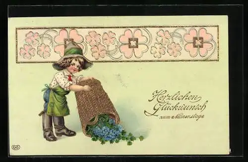 AK Namenstag, Kind schüttet Vergissmeinnicht aus dem Korb