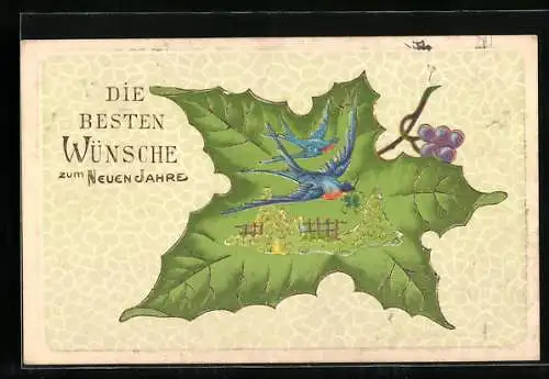 Präge-AK Vögel fliegen an Neujahr über ein grosses Blatt