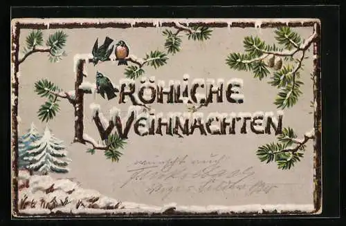 Präge-AK Vögel auf einem Ast im Schriftzug Fröhliche Weihnachten
