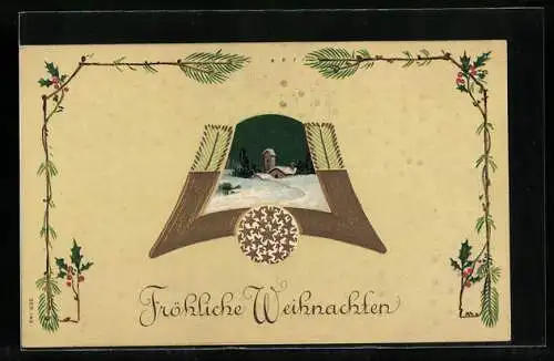 Präge-AK Kirche im Schnee, Motiv an Weihnachten