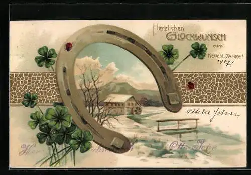 AK Neujahrsgruss, Hufeisen, Winterlandschaft mit Wassermühle, Kleeblatt