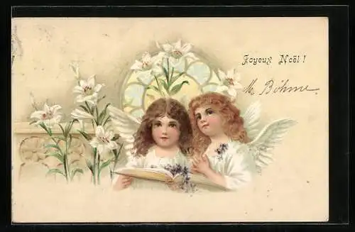 Künstler-AK Weihnachtsengel mit Lilien