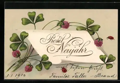 Präge-AK Kleeblätter verzieren einen Brief zu Neujahr