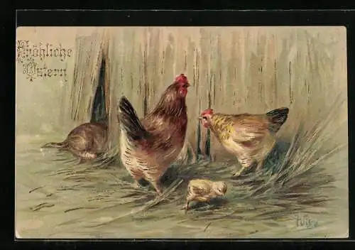 Präge-AK Huhn und Hahn mit ihrem Küken, Ostern