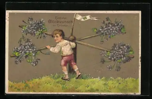 Präge-AK Namenstag, Kleiner Junge dreht am Holzbau mit Veilchen