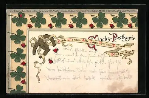 AK Glückskarte mit Kleeblatt, Hufeisen, Marienkäfer
