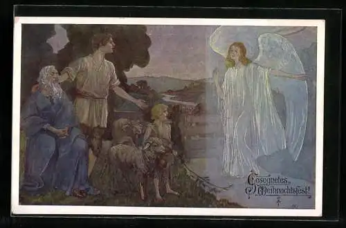 AK Weihnachtsengel wünscht der Hirtenfamilie Gesegnete Weihnachten
