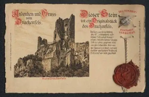 Lithographie Drachenfels, Ruine Drachenfels, Originalstein vom Drachenfels, Siegel