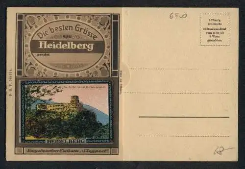 Siegelmarken-AK Heidelberg, Schlossbeleuchtung, grosses Fass, Zwerg Perkeo
