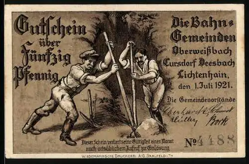 Notgeld Oberweissbach 1921, 50 Pfennig, Arbeiter ebnen Strecke der Bergbahn ein