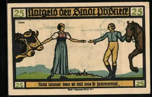Notgeld Pössneck 1921, 25 Pfennig, Goethe: Hermann und Dorothea: 2, Rathaus, Mann und Frau mit Nutztieren
