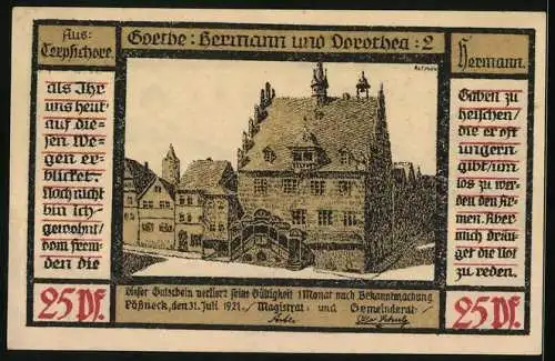 Notgeld Pössneck 1921, 25 Pfennig, Goethe: Hermann und Dorothea: 2, Rathaus, Mann und Frau mit Nutztieren