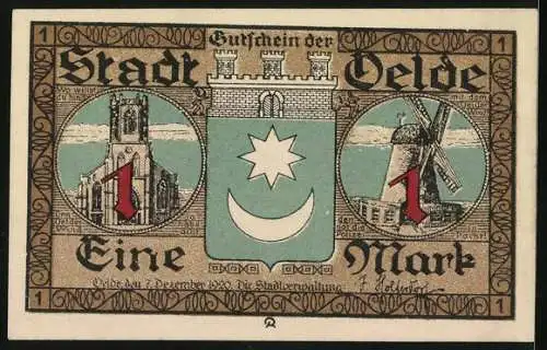 Notgeld Oelde 1920, 1 Mark, Der Tanz um den Oelder Pfingstkranz, Windmühle, Stadtwappen