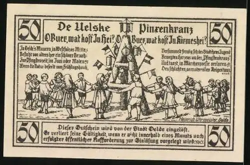 Notgeld Oelde 1920, 50 Pfennig, Der Tanz um den Oelder Pfingstkranz, Windmühle, Stadtwappen