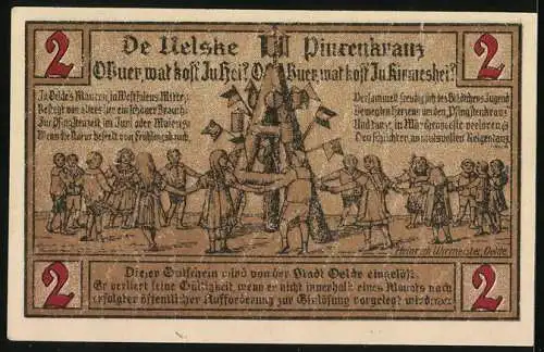 Notgeld Oelde 1920, 2 Mark, Der Tanz um den Oelder Pfingstkranz, Windmühle, Stadtwappen