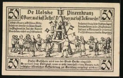 Notgeld Oelde 1920, 50 Pfennig, Der Tanz um den Oelder Pfingstkranz, Windmühle, Stadtwappen