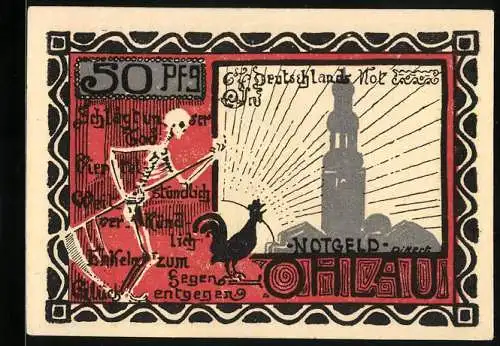 Notgeld Ohlau, 50 Pfennig, Seydlitz & der Bürgermeister von Ohlau von Th. Fontane, Turm, Skelett und Hahn