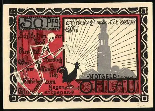 Notgeld Ohlau, 50 Pfennig, Graf Seydlitz mit Pistole, Turm, Skelett und Hahn