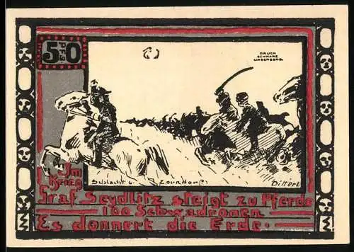 Notgeld Ohlau 1921, 50 Pfennig, Graf Seydlitz steigt zu Pferde 100 Schwadronen