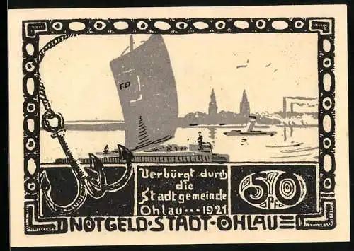 Notgeld Ohlau 1921, 50 Pfennig, Boote auf dem Wasser