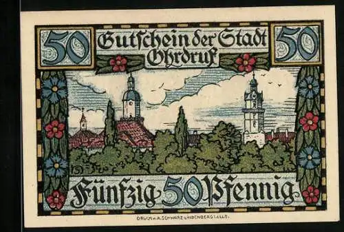 Notgeld Ohrdruf 1921, 50 Pfennig, Ortspartie mit Kirche, Stadtwappen