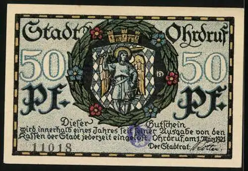 Notgeld Ohrdruf 1921, 50 Pfennig, Ortspartie mit Kirche, Stadtwappen