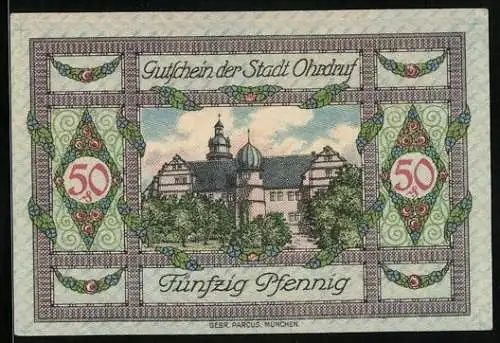 Notgeld Ohrdruf 1921, 50 Pfennig, Schloss, Stadtwappen