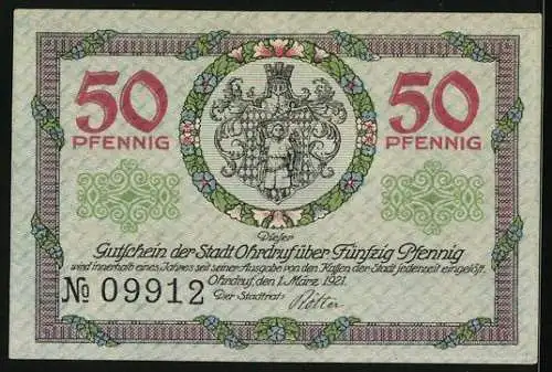 Notgeld Ohrdruf 1921, 50 Pfennig, Schloss, Stadtwappen