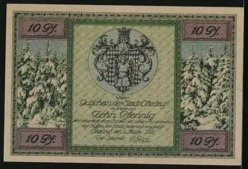 Notgeld Ohrdruf 1921, 50 Pfennig, Rathaus im Schnee