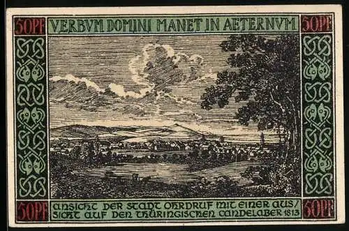 Notgeld Ohrdruf 1921, 50 Pfennig, Ansicht mit einer Aussicht auf den Thrüingischen Candelaber 1813
