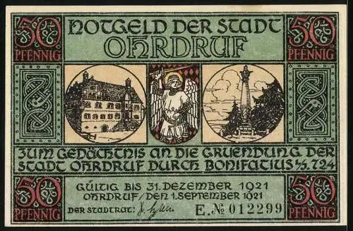 Notgeld Ohrdruf 1921, 50 Pfennig, Bau einer Kapelle an der Ohra durch Bonifatius