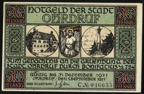 Notgeld Ohrdruf 1921, 50 Pfennig, St. Michael erscheint dem Bonifatius nachts im Traume