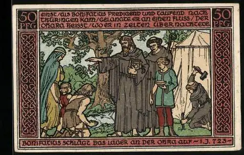 Notgeld Ohrdruf 1921, 50 Pfennig, Bonifatius schlägt das Lager an der Ohra auf