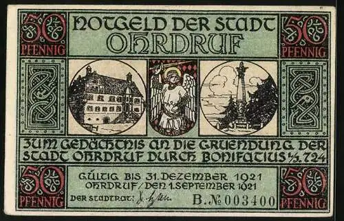 Notgeld Ohrdruf 1921, 50 Pfennig, Bonifatius schlägt das Lager an der Ohra auf