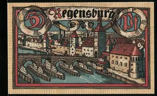 Notgeld Regensburg 1918, 50 Pfennig, Uferpartie mit Brücke, Stadtwappen