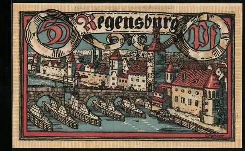 Notgeld Regensburg 1918, 50 Pfennig, Uferpartie mit Brücke, Stadtwappen