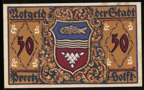 Notgeld Preetz i. Holst. 1921, 50 Pfennig, Schlachter und Schuster, Stadtwappen