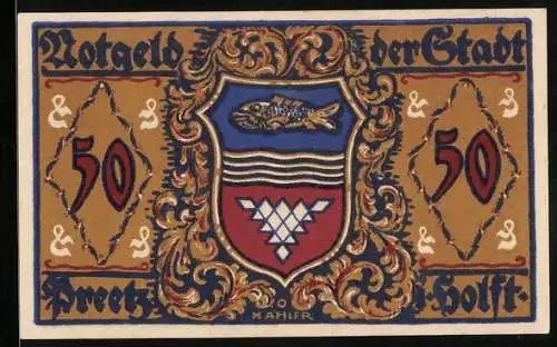 Notgeld Preetz i. Holst. 1921, 50 Pfennig, Schlachter und Schuster, Stadtwappen