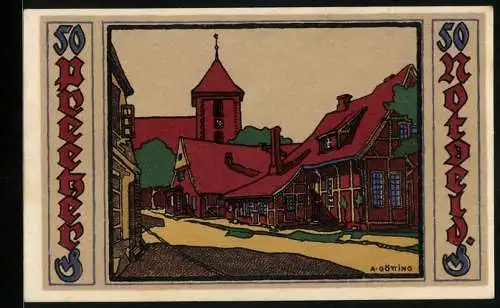 Notgeld Preetz in Holstein 1921, 50 Pfennig, Strassenpartie mit Kirche