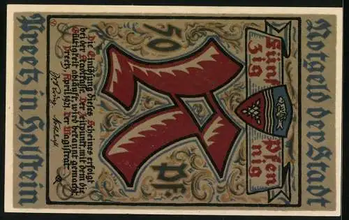 Notgeld Preetz in Holstein 1921, 50 Pfennig, Wappen und Strassenpartie