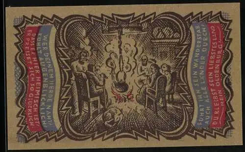 Notgeld Oldenburg 1921, 50 Pfennig, Familie sitzt am offenen Feuer