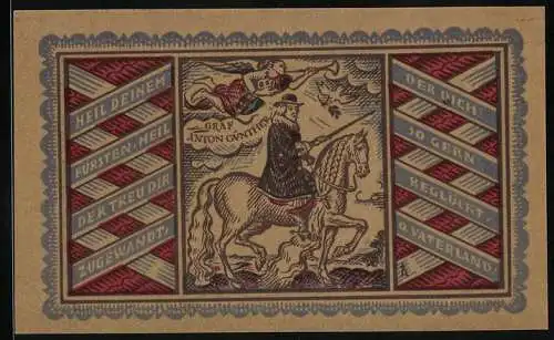 Notgeld Oldenburg 1921, 50 Pfennig, Graf Anton Günther zu Pferde und Engel